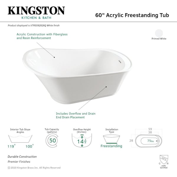 Freestanding Bathtubs, 59.45 L, 28.38 W, White, Acrylic